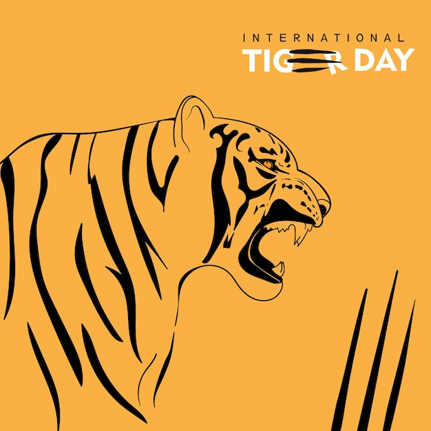 Diseño de arte en línea de tigre rugiente con rasguño de tigre para el diseño de la campaña del día internacional del tigre