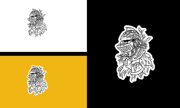 Diseño de arte de línea vectorial de robot y flores.