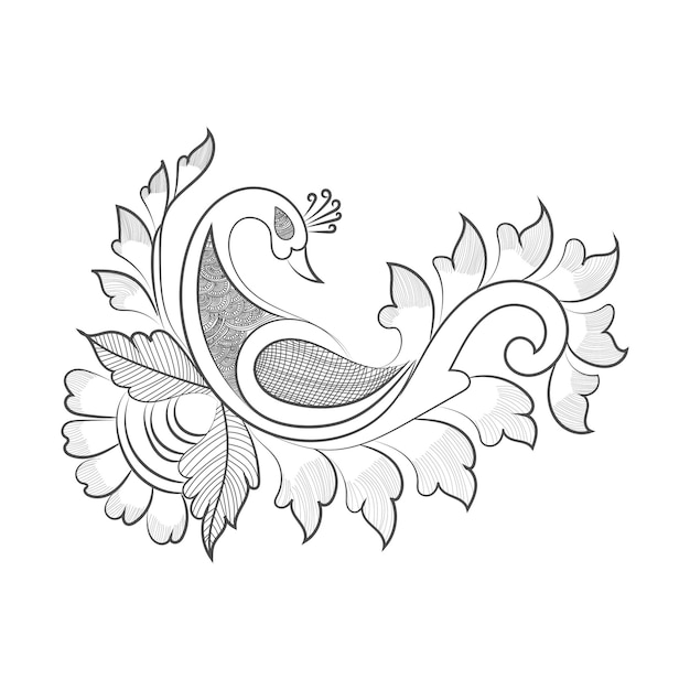 Diseño de arte lineal dibujado a mano con pavo real y flores.