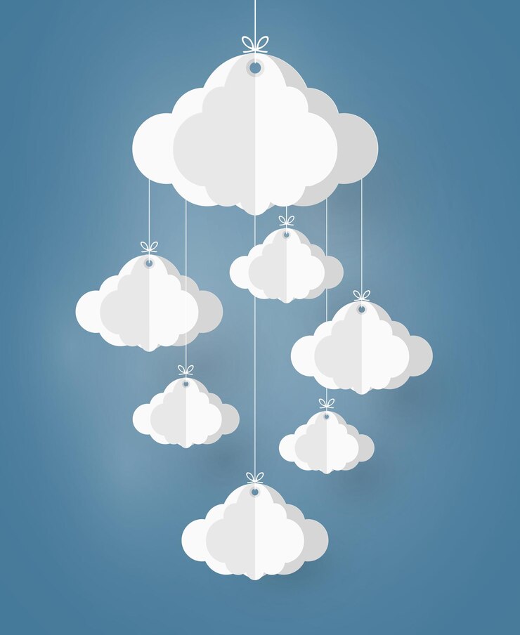 Vector diseño de arte en papel estilo móvil el concepto es temporada de lluvias nube y lluvia en el vector de fondo oscuro