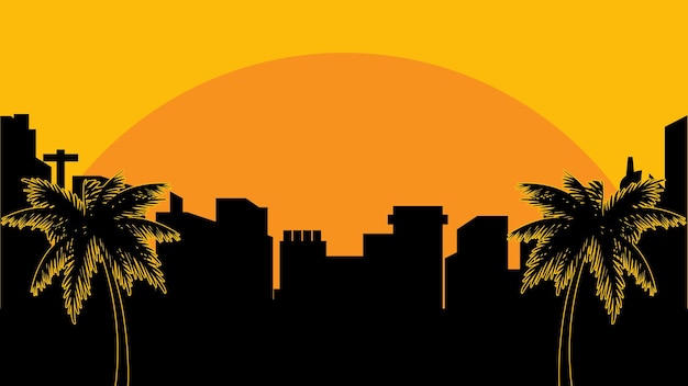 Diseño de arte vectorial de la ciudad al atardecer