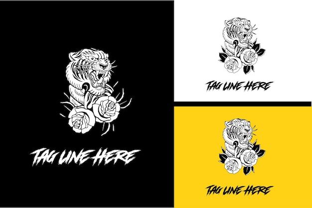 Diseño artístico de cabeza de tigre y vector de flores en blanco y negro