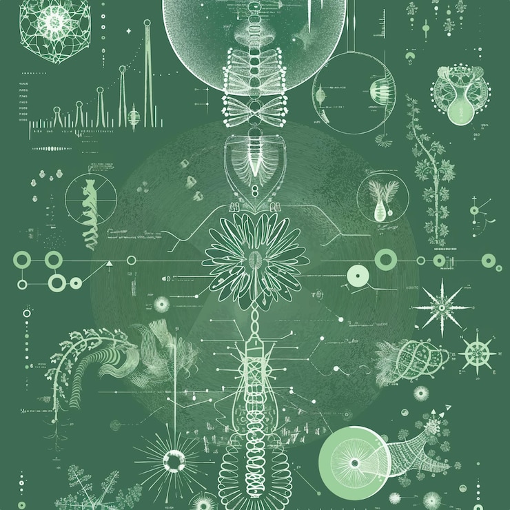 Vector diseño artístico de líneas fractales y científicas en varios tonos de verde