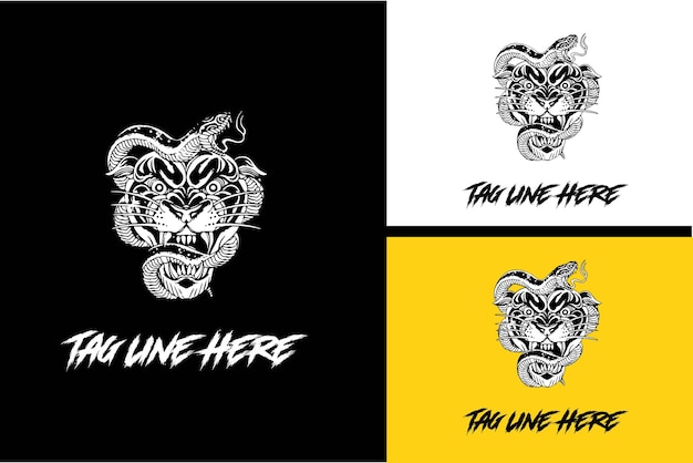 Diseño artístico de pantera de cabeza y vector de serpiente en blanco y negro