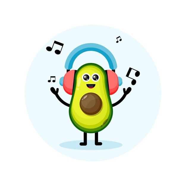 Diseño de auriculares de música de aguacate personaje lindo