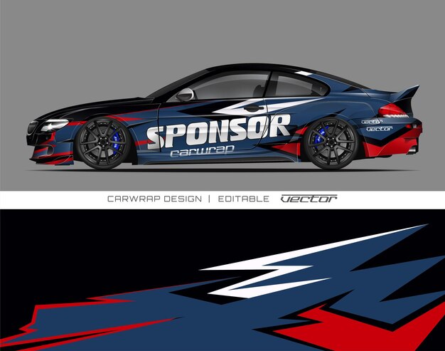 Diseño de automóviles deportivos azul rojo blanco negro envoltura de automóviles patrocinadores editable