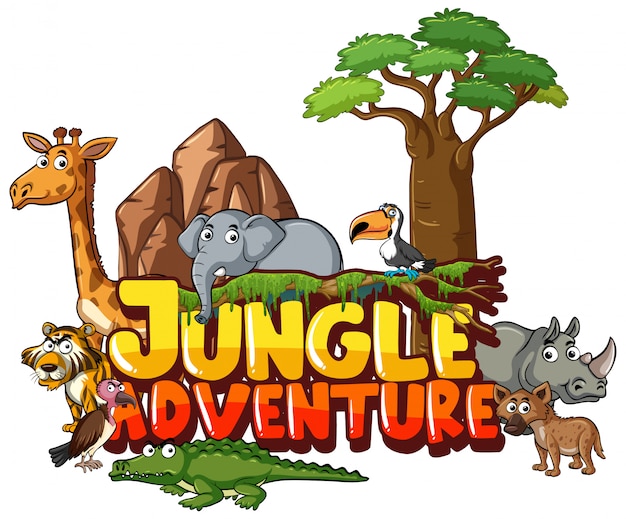 diseño para la aventura de la palabra jungla con animales salvajes en segundo plano