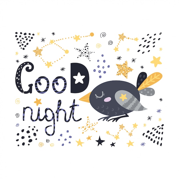 Diseño de aves, estrellas y letras.