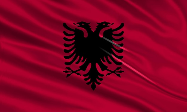 Diseño de la bandera de Albania. Ondeando la bandera albanesa hecha de satén o tela de seda. Ilustración vectorial.