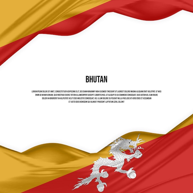 Diseño de la bandera de Bután. Ondeando la bandera de Bután hecha de satén o tela de seda. Ilustración vectorial.