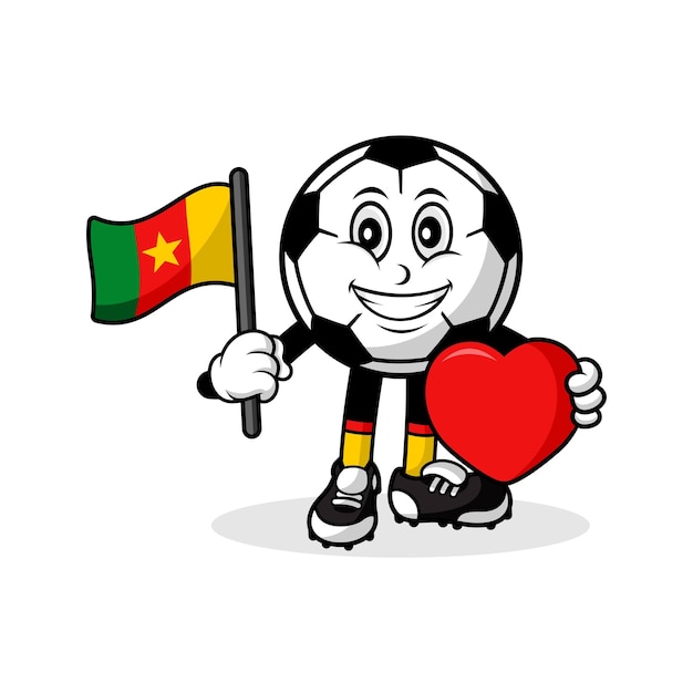 Diseño de bandera de camerún de amor de fútbol de dibujos animados de mascota