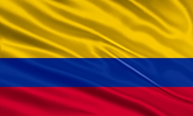 Diseño de la bandera colombiana. Ondeando la bandera colombiana hecha de raso o tela de seda. Ilustración vectorial.