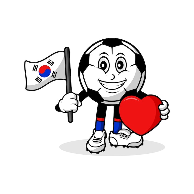 Diseño de bandera de corea del sur de amor de fútbol de dibujos animados de mascota