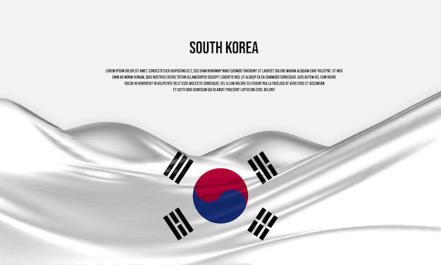 Diseño de la bandera de Corea del Sur. Ondeando la bandera de Corea del Sur hecha de satén o tela de seda. Ilustración vectorial.