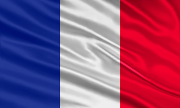 Diseño de la bandera de Francia. Ondeando la bandera francesa hecha de satén o tela de seda. Ilustración vectorial.