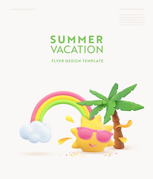 Diseño de banner 3d de verano. escena de render realista palmera tropical, sol, arco iris, nube. objetos de playa tropical, cartel web de vacaciones, volante, folleto de temporada, portada. fondo moderno de verano