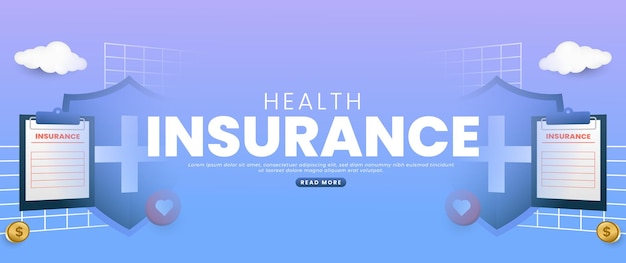 diseño de banner azul de seguro de salud con moneda de escudo de documentos y elementos de nube