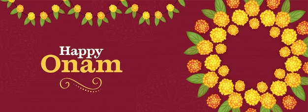 Diseño de banner de celebración de Happy Onam decorado con hojas de mango de flores de caléndula sobre fondo de mandala rojo