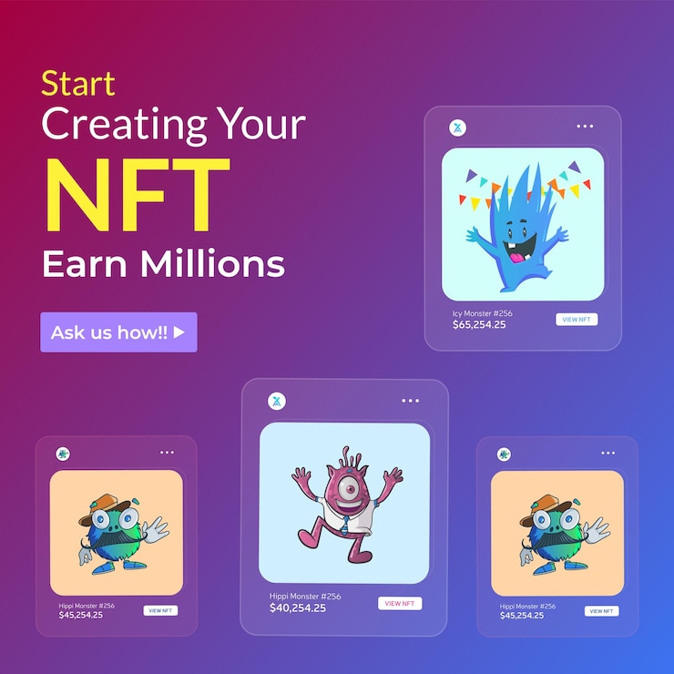 Vector diseño de banner para comenzar a crear su plantilla de estilo de dibujos animados para ganar millones de nft