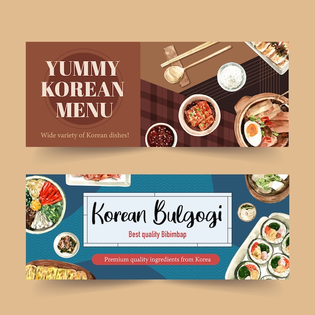 Vector diseño de banner de comida coreana con arroz, cuchara, ilustración acuarela de kimbap