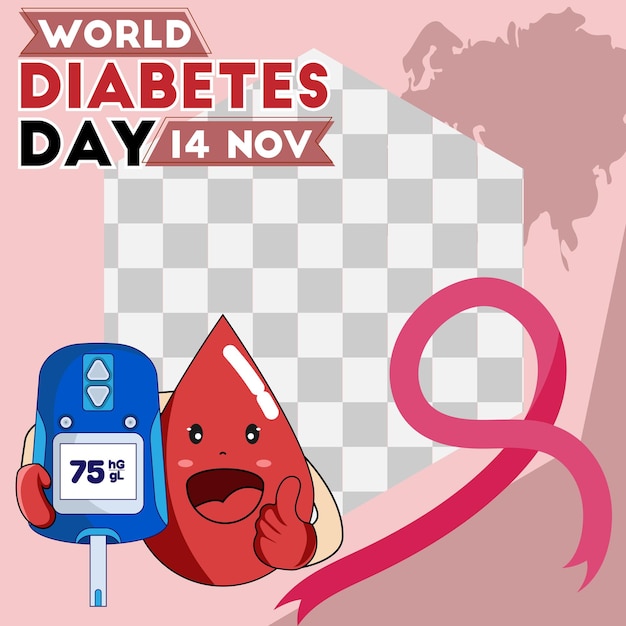 Diseño de banner de concientización sobre el día mundial de la diabetes de twibbon con cinta roja