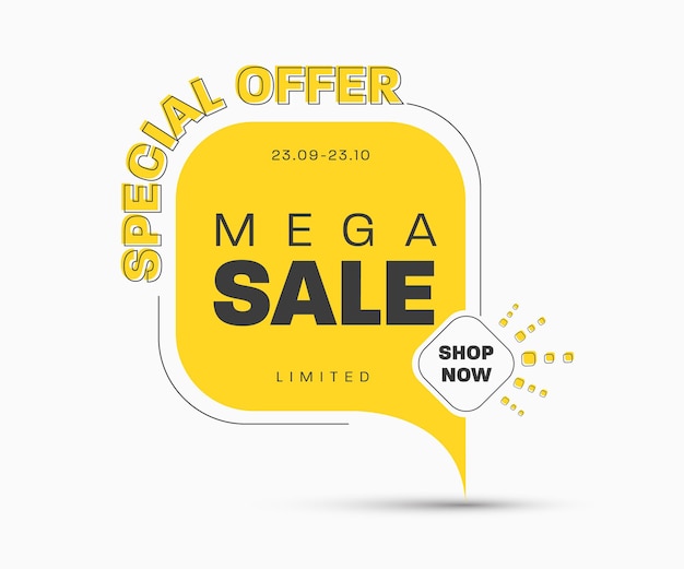 Diseño de banner cuadrado vector amarillo en la pierna con esquinas redondeadas para una gran mega venta. Plantilla de etiqueta con trazo negro para descuentos.