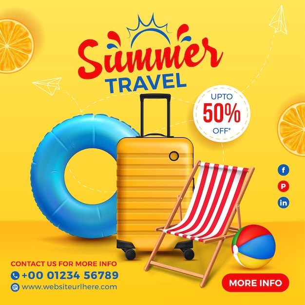 Vector diseño de banner cuadrado de viaje de verano con maleta anillo de natación silla de playa pelota de playa