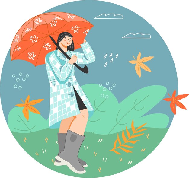 Vector diseño de banner decorativo de otoño con mujer bajo paraguas bajo la lluvia vector plano