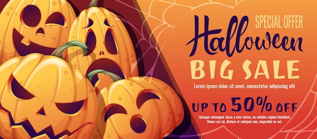 Diseño de banner de descuento con calabazas aterradoras de naranja Voucher de descuento de venta de Halloween Plantilla para publicidad de flyer de cartel de banner