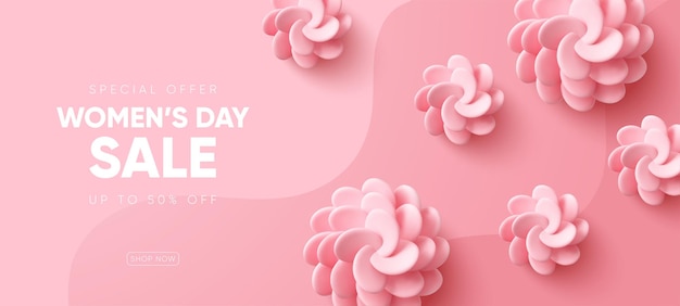 Diseño de banner del día internacional de la mujer fondo de 8 de marzo con flores 3d sobre fondo rosa