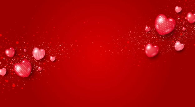 Vector diseño de banner del día de san valentín de corazones con partículas en la ilustración de vector de fondo rojo