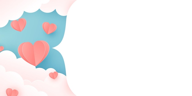 Diseño de banner del día de San Valentín Fondo de corte de papel vectorial con nubes esponjosas de corazones