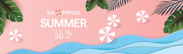Diseño de banner de elemento de vacaciones de tiempo de venta de verano con playa tropical cortada en papel fondo de color