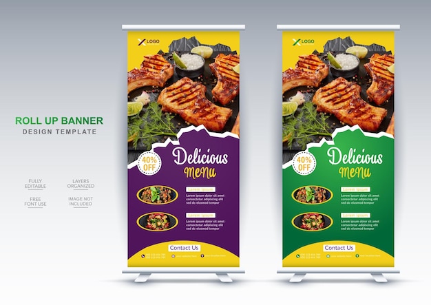 Diseño de banner enrollable de comida y hamburguesas asiáticas deliciosas