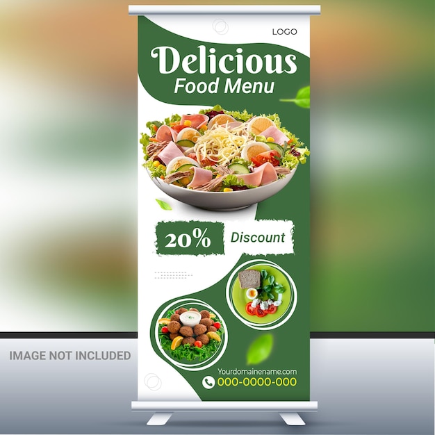 Diseño de banner enrollable de menú de comida deliciosa y plantilla de diseño de banner enrollable de restaurante