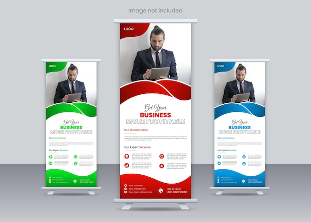 Diseño de banner enrollable de negocios vectoriales modernos con color verde, rojo y azul
