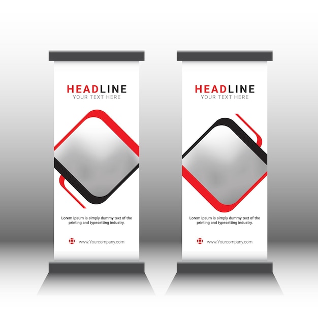 diseño de banner enrollable rojo y negro en plantilla de standee blanco