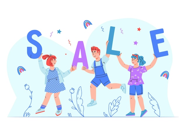 Diseño de banner para evento de venta de niños niños felices sonriendo y saltando con la palabra venta