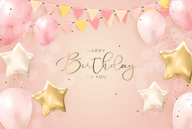 Diseño de banner de felicitaciones de feliz cumpleaños con confeti, globos y cinta de brillo brillante para fondo de fiesta. Ilustración vectorial