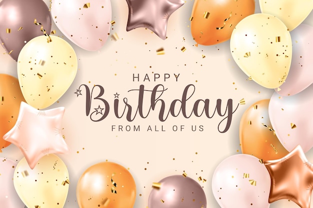 Diseño de banner de felicitaciones de feliz cumpleaños con confeti, globos y cinta de brillo brillante para fondo de fiesta. ilustración vectorial