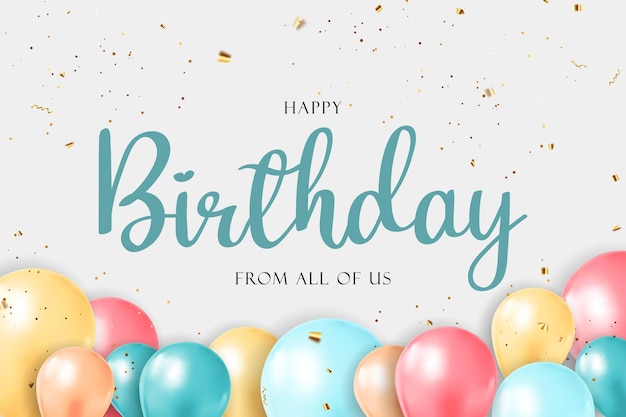 Diseño de banner de felicitaciones de feliz cumpleaños con globos de confeti y cinta de brillo brillante