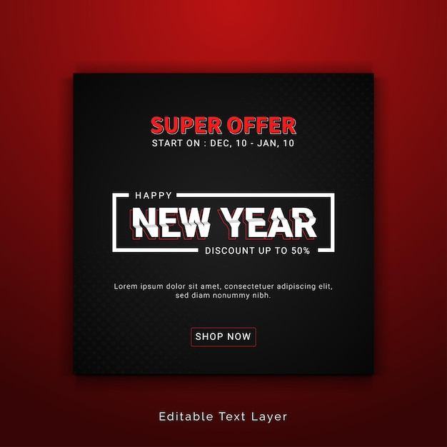 Diseño de banner de feliz año nuevo con un fondo oscuro para web y marketing en redes sociales