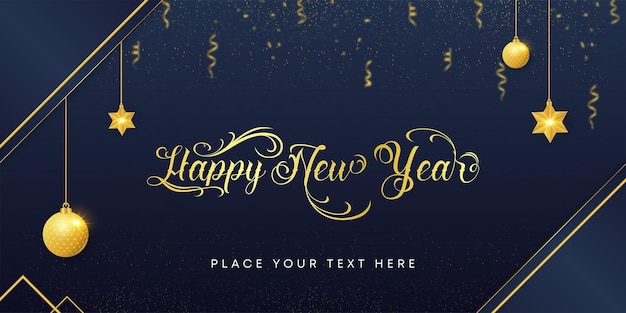 Diseño de banner de feliz año nuevo con fondo de paisaje azul oscuro
