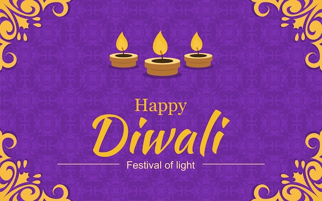 diseño de banner de feliz diwali con marco de oro fondo púrpura e ilustración vectorial de velas