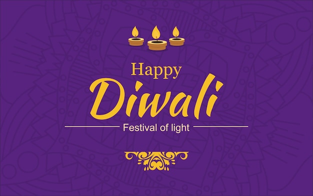 diseño de banner de feliz diwali con marco de oro fondo púrpura e ilustración vectorial de velas