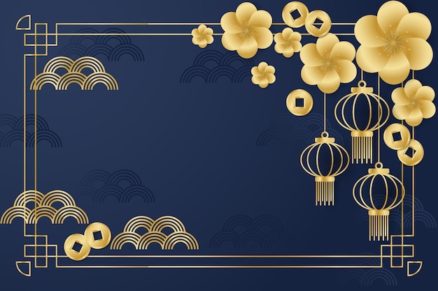 Diseño de banner del festival de año nuevo chino con lámpara de flores doradas y monedas chinas sobre fondo azul