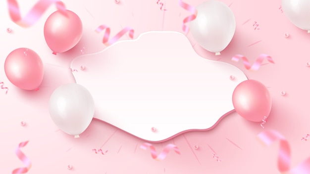 Vector diseño de banner festivo con forma personalizada blanca, globos aerostáticos de color rosa y blanco, confeti de papel de aluminio que cae sobre fondo rosado.