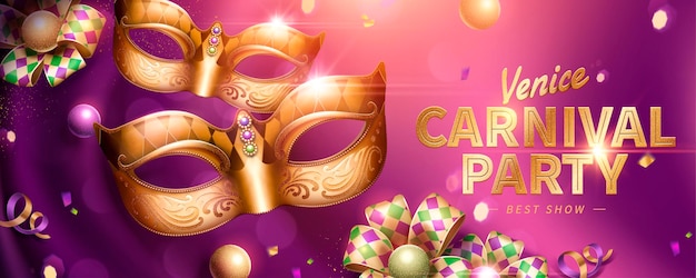 Diseño de banner de fiesta de carnaval de venecia con máscara decorativa y cintas de rombos sobre fondo de cortina púrpura en ilustración 3d