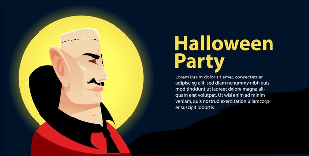 Vector diseño de banner de la fiesta de halloween con ilustración de drácula