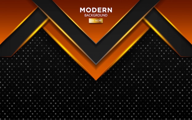 Diseño de banner de fondo de vector premium negro y naranja moderno con línea dorada en textura de puntos.